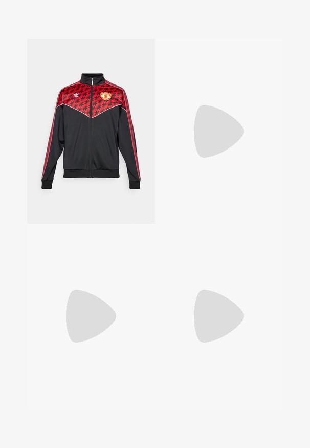 Black zip-up jacket with red geometric pattern, white accents, and Manchester United logo. Features a high collar and three-stripe sleeves.; White short-sleeve jersey featuring red stripes and blue accents. Includes red Adidas logo and FC Bayern München emblem. Smooth fabric texture.; White athletic pants with elastic waistband, featuring a circular logo on the left thigh and blue, red accents on the sides.; Black athletic pants with white stripes, paired with white sneakers featuring black accents and textured soles, worn with white socks.