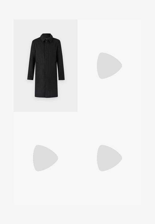 Black wool coat with a notched collar, long sleeves, and side pockets. The design is straight-cut, featuring a button closure at the front.; Black short-sleeve T-shirt made of textured fabric, featuring a round neckline and a relaxed fit. Simple, no patterns or accents.; Black trousers made of smooth fabric, featuring a straight-leg design, two front pleats, and standard waistband with belt loops.; Black leather loafers with a smooth finish, moccasin-style upper, stitched detailing, and a rubber sole. Classic design with a low heel.