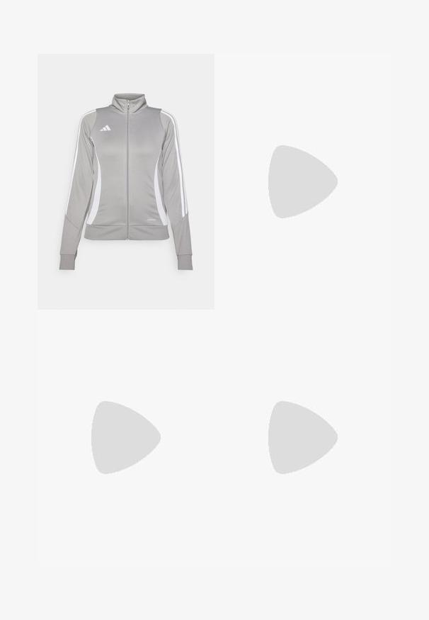 Grå idrottsjacka med hög krage, vita sidopaneler och tre ränder på ärmarna. Har en hel dragkedja framtill och strukturerad tyg.; Kortärmad atletisk t-shirt, mörkgrå med perforerad textur. Har en vit logotyp och kontrasterande sidostripes. Rundad halsringning.; Svarta träningsshorts med elastisk midja, sidfickor och vita randkonturer på sidorna. Tillverkade av lätt material.; Svart löparskor med meshtopp, tre silverränder, vit mellansula och strukturerad sula. Har vadderad krage och snörning.