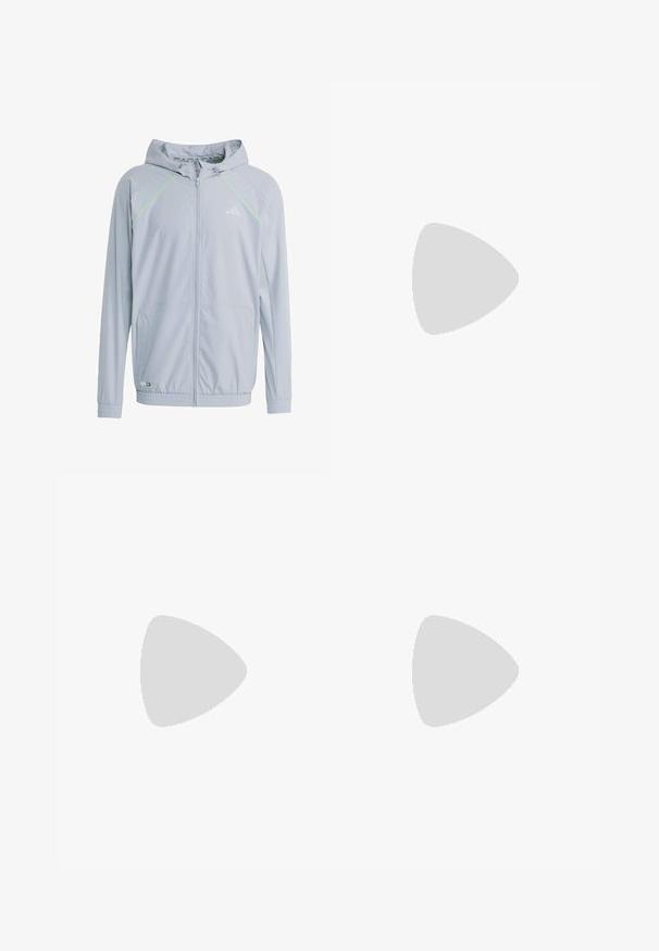 Light gray zip-up jacket with a hood, featuring neon green accent lines, mesh texture panels, and elastic cuffs and hem.; Black cotton t-shirt with short sleeves, crew neckline, and a white logo on the left chest. Smooth texture and simple design.; Black athletic pants with a stretchy waistband, white side stripes, and a small white logo on the thigh. Made from a smooth, lightweight material.; Black athletic shoes with a textured mesh upper, white accent stripes, a cushioned sole, and a reinforced heel for support.