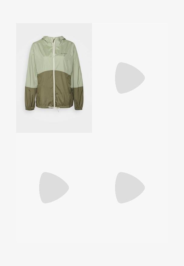 Columbia FLASH FORWARD™ WINDBREAKER - Veste coupe-vent - safari/stone green; Pull en tricot gris avec un col rond, des manches longues et une fermeture à liens à l'avant. La texture est côtelée, créant une apparence chaleureuse.; Ensemble de bralette en dentelle avec un design floral blanc et son homologue noir. Les deux présentent un décolleté en V et des bretelles larges et détaillées.; Jeans noirs à jambes larges en denim. Présentent une taille haute, cinq poches, une fermeture à bouton à l'avant, et un subtil motif texturé.; Chaussure plate en suede noir avec un bout pointu, ornée d'un détail de nœud en argent décoratif à l'avant, présentant un petit talon.