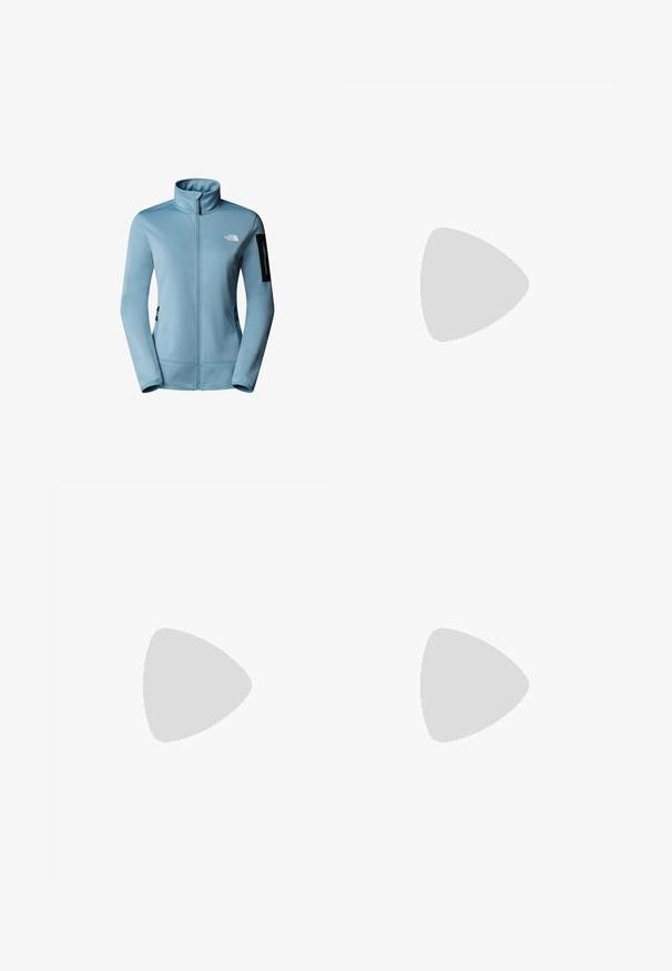 Vaalean sininen fleece-takki, jossa on korkea kaulus, vetoketjulla varustettu etuosa, kaksi sivutaskua ja vetoketjullinen käsitasku mustilla yksityiskohdilla.; Musta pitkähihaisen t-paita, joka on valmistettu puuvillasta ja jossa on pyöreä kaula-aukko. Vasemmassa rinnassa on pieni valkoinen logo. Yksinkertainen muotoilu ja istuvuus.; Mustat nailonista valmistetut irrotettavat cargo-housut säädettävillä lahkeilla, useilla taskuilla ja logolla oikeassa jalassa. Liukas, kevyt rakenne.; Beige ja kreemi värvi sportlikud jalanõud, millel on tekstiilne mesh ülemine osa, toetavad ülekatted ja kummist tald, millel on mustripattern haardeks.