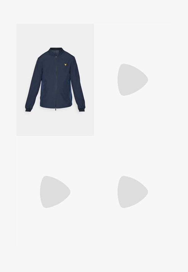 Veste de bombardier marine avec fermeture éclair à l'avant, panneaux latéraux bleus, poignets côtelés et un petit logo d'aigle doré sur la poitrine. Matériau léger.; T-shirt en coton blanc arborant un petit logo brodé noir et jaune sur la poitrine gauche. Manches courtes et col rond.; Pantalons de jogging en coton noir avec une taille élastique, un cordon de serrage et des poignets côtelés. Présente un petit logo jaune sur la cuisse gauche.; Baskets en cuir blanc avec une surface lisse, présentant un design classique à lacets, des perforations pour la respirabilité et une semelle extérieure en caoutchouc texturé.