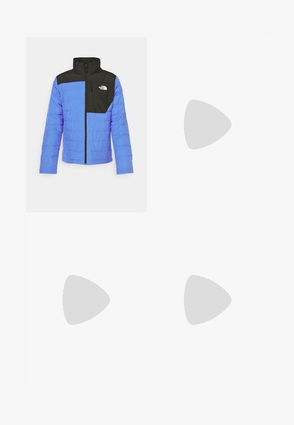 The North Face ACONCAGUA POCKET JACKET - Pūkinė striukė - solar blue/black; Juodas trumpas rankovės marškinėliai, pagaminti iš medvilnės, su apvaliu kaklu ir mažu baltu logotipu viršutiniame kairiajame krūtinės kampe.; The North Face MOUNTAIN ATHLETICS WIND PANT - Lauko kelnės - black; The North Face OFFTRAIL VERSA - Turistiniai batai - black/white