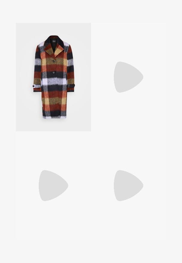 Wool-blend long coat featuring a large collar, front buttons, and a colorful plaid pattern in shades of red, gray, yellow, and black.; White short-sleeve t-shirt made of cotton. Features a round neckline and relaxed fit, with simple design and no visible patterns or accents.; Black flared jeans made from denim, featuring a high waist, five pockets, and metal button closure. Smooth texture with minimal detailing.; Silver metallic sandals with a minimal design, featuring thin straps and a black flat sole. Highlights include cross strap accents.