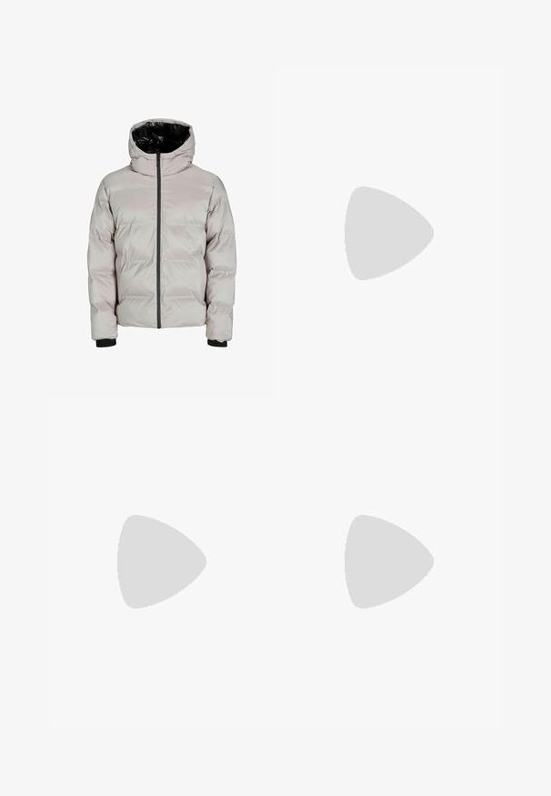 Light gray puffer jacket with a black hood interior, front zip closure, and ribbed cuffs. Features a quilted design for insulation.; White cotton t-shirt with short sleeves, rounded neckline, relaxed fit, and no visible logos or patterns. Smooth texture and minimal design.; High-waisted, loose-fitting jeans in faded black denim. Features five pockets, belt loops, and a clean, straight leg design.; Gray and white sneaker with a suede and leather upper, rounded toe, flat laces, and a rubber sole featuring a gum accent.