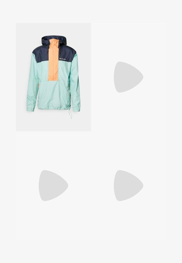 Columbia FLASH CHALLENGER™ ANORAK - Vējjaka - spray/collegia; Balts kokvilnas T-krekls ar īsām piedurknēm, apaļu kakla izgriezumu un kreisajā krūtī kabatu ar zilu "Patagonia" logotipu. Klasiska piegriezuma ar gludu struktūru.; Tumši pelēki bikses, kas izgatavotas no izturīgas auduma, ar rāvējslēdzēja kabatu, taisnu piegriezumu un jostu cilpām, lai pielāgotu fit.; Brūni ūdensnecaurlaidīgi sporta apavi ar teksturētu virsu, perforētiem akcentiem, melnu papēža atbalstu un pelēku gumijas zoli. Šņores veidotas ar metāliskiem galiem.