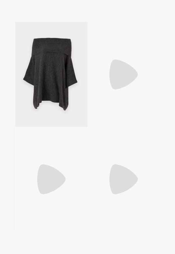 Haut tricot gris foncé à épaules dénudées avec un col côtelé, des manches amples et une silhouette décontractée. Texture douce et design décontracté.; Robe maxi en crochet noir avec une silhouette ajustée, présentant des motifs géométriques et des mailles ouvertes. Bretelles réglables et décolleté droit.; Chaussure à talon aiguille à bout pointu avec un schema de couleurs argent, or et nude. Fini brillant avec un design découpé, dotée d'un talon stiletto.; Pochette en métal argenté avec une forme douce et arrondie et un fermoir en haut noué. Fabriquée en simili cuir lisse.; Boucles d'oreilles en argent en forme de créoles avec un design torsadé, dotées d'une finition polie et d'une fermeture à poussoir. Mesurent environ 3 cm de diamètre.