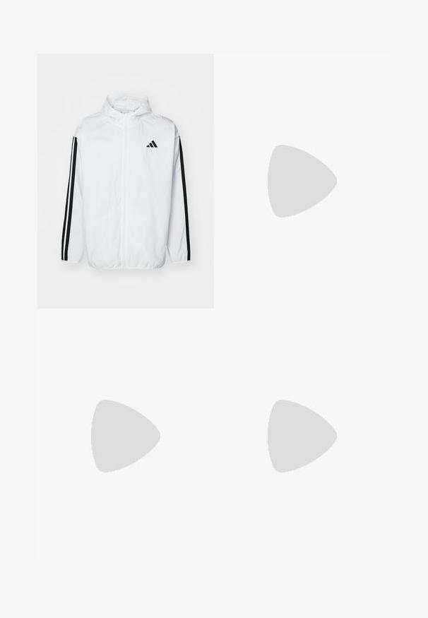 Casaco branco à prova de vento com fecho de correr completo, capuz e logotipo preto da adidas. Listras pretas descem pelas mangas, feito de material leve.; Camisola desportiva preta da Adidas com textura em malha, mangas curtas, colarinho redondo e detalhes em azul com logotipo e texto na frente e nas mangas.; Calças de atletismo pretas com cintura elástica, corte justo e logotipo branco na perna esquerda. Tecido liso e leve.; Sapata atlética preta com riscas brancas, parte superior em malha, biqueira arredondada e sola acolchoada. Apresenta um calcanhar texturizado e um sistema de atacadores seguro.
