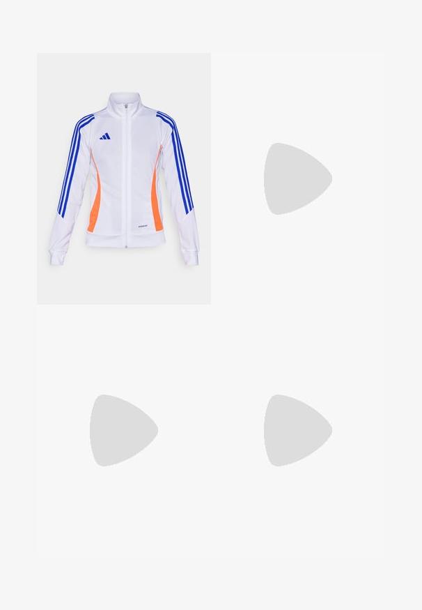 adidas Performance TIRO24 JACKET - Training jacket - white/app solar red/lucid blue; White athletic shirt with short sleeves, made of smooth, stretch fabric. Features a small black Adidas logo on the chest.; White athletic pants with elastic waistband and cuffs. Features side pockets and a small black logo on the left thigh. Smooth fabric finish.; White athletic shoe with a breathable mesh upper, textured design, and lavender accent. Features a cushioned sole with green outsole details.
