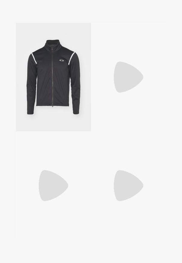Juoda zip-up striukė, pagaminta iš minkštos medžiagos, su aukštu apykakle, baltais akcentais ant pečių ir mažu logotipu kairiajame krūtinės kampelyje.; Juodas medvilninis trumpa Rankovė t shirt su apvaliu iškirpimu, su subtiliu logotipo akcentu ant krūtinės ir laisvu siluetu.; Juodos lengvos krovininės kelnės su elastinga juosmeniu, šoninėmis užtrauktukais ir erdviomis kišenėmis. Turi laisvą prigludimą ir siaurėjančius rankogalius.; Juodi bėgimo bateliai su lygiu sintetiniu paviršiumi, perforuotomis detalėmis, tekstūruotais šonų skydeliais ir išskirtiniu elastingu padu.