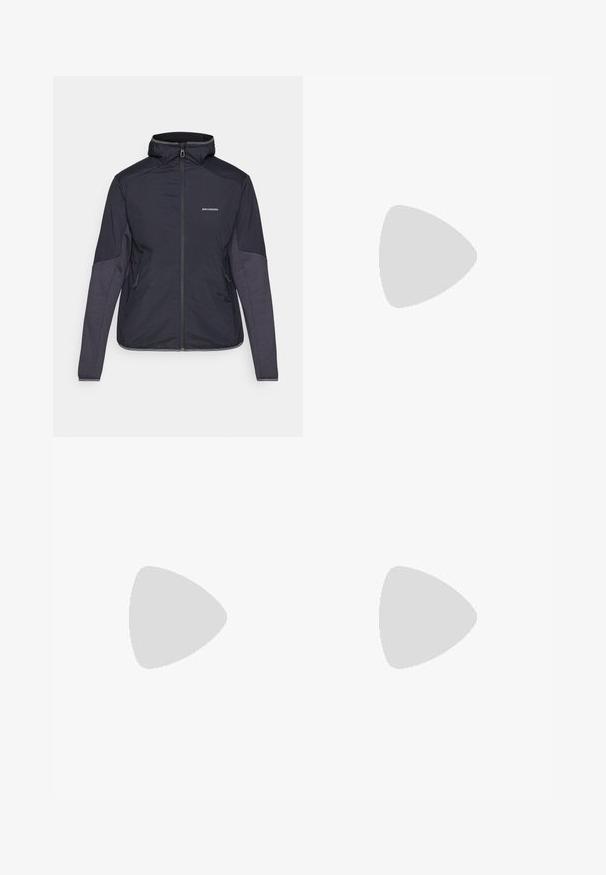 Dunkelblaue isolierte Jacke mit hohem Kragen, Reißverschluss und zwei Seitentaschen. Die Ärmel verfügen über kontrastierende, gestrickte Einsätze. Wasserdichtes Material.; Graues Kurzarmshirt mit einem subtilen Strukturmuster, Rundhalsausschnitt und Columbia-Logo auf der Brust. Weicher Stoff, lässige Passform.; Herren Outdoor-Hosen, dunkelgrau, aus flexiblem Material, mit einem Gürtel, Reißverschlusstaschen und verstärkten Nähten.; Columbia PEAKFREAK - Hikingschuh - black