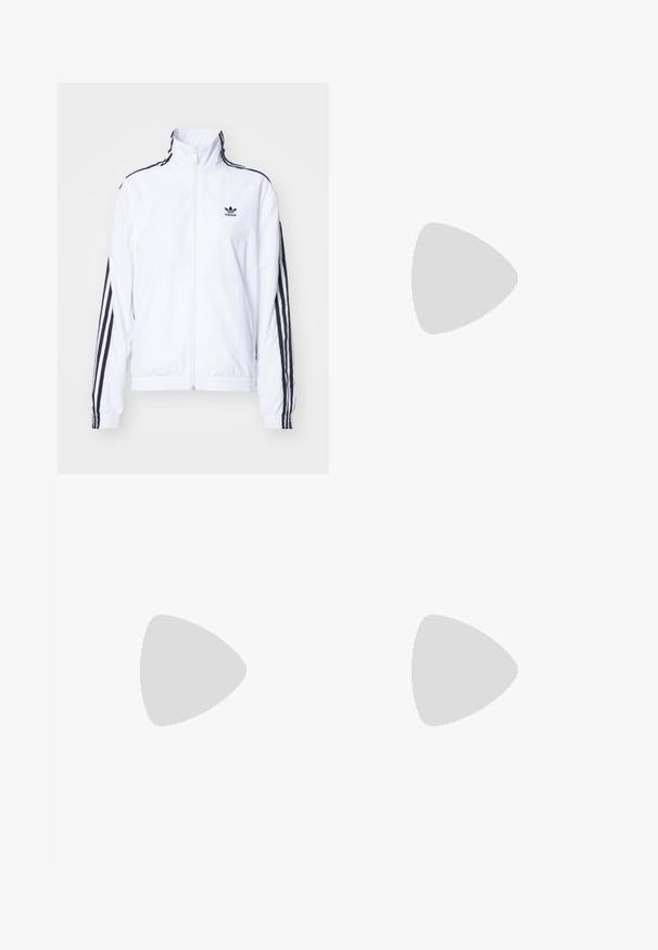 adidas Originals Training jacket - white; Burgundy cotton t-shirt with a round neck and short sleeves, featuring a white Adidas logo centered on the chest. Smooth texture.; Red athletic pants with a loose fit, elastic waistband, two side pockets, and white side stripes. Made from smooth, synthetic material.; White sneaker with black textured stripes and accents; features a rubber toe cap, flat laces, and cushioning around the ankle.