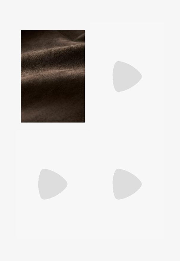 Brown suede fabric with a soft texture, featuring gentle folds and a rich, uniform color, suitable for various textile applications.; Black short-sleeve t-shirt made of cotton. Features a round neck and a loose fit with a smooth, plain texture. No visible patterns or accents.; Black polyester culotte pants with an elastic waistband, two front pleats, and a loose silhouette. No visible patterns or hardware details.; Black patent leather slingback heels with a pointed toe and a geometric block heel. Features a sleek, minimal design and smooth texture.; White rectangular clutch bag made of glossy material, featuring a silver chain strap. Model poses, showcasing the bag against a plain background.