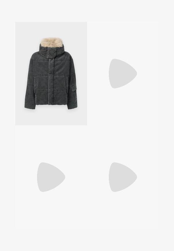 Gray corduroy puffer jacket with a detachable faux fur hood, featuring a boxy shape, quilted pattern, and side pocket detail.; Black cotton T-shirt featuring a round neckline, short sleeves, and "EMPORIO ARMANI" logo in white above "Milano" in a curved design.; Black denim jeans with a straight fit. Features faded areas, minor distressing, classic five-pocket design, and a button closure.; Black athletic shoes featuring a mix of mesh and suede materials, rounded toe, textured side panel, and flat rubber sole.