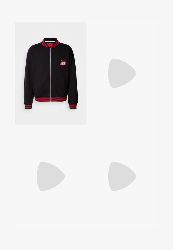 Black bomber jacket with red ribbed collar and cuffs. Features a front zipper and embroidered logo detail at chest. Cotton blend material.; Black cotton t-shirt featuring bold red "HUGO" text on the front, short sleeves, round neckline, and a relaxed fit.; Black sweatpants made of soft fabric, featuring a drawstring waist, slim fit, and a red logo patch on the left thigh.; EA7 Emporio Armani LACES UNISEX - Trainers - black/white