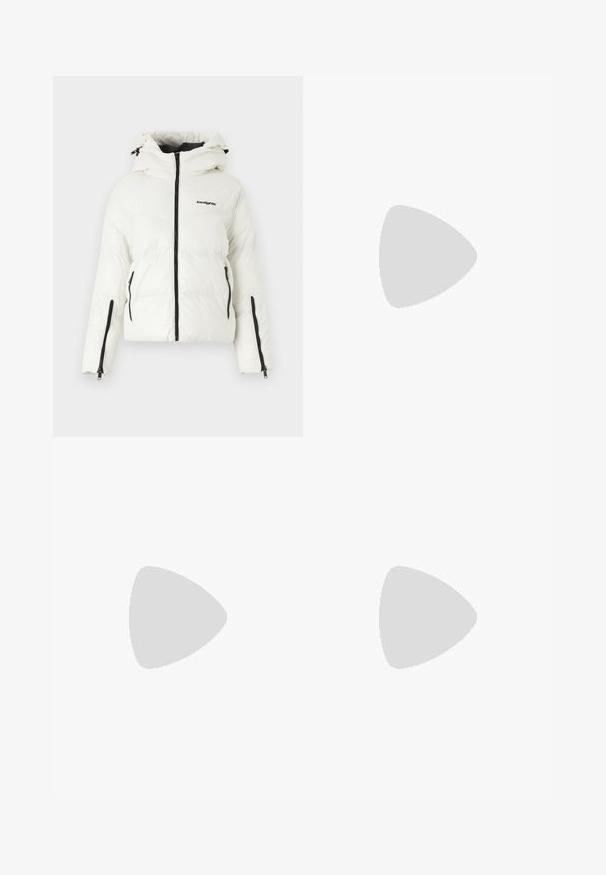 White puffer jacket with a hood, featuring a black zipper, dual side pockets, and a logo on the chest; smooth texture and insulated design.; Black cropped t-shirt made of cotton, featuring short sleeves, a round neckline, and a small white logo on the left chest.; Wide-leg denim jeans made from medium-weight blue cotton fabric. Features classic five-pocket design and a zip fly with button closure.; White leather sneaker with beige suede accents, perforated toe box, flat laces, and a textured cream sole. Features subtle branding on heel.
