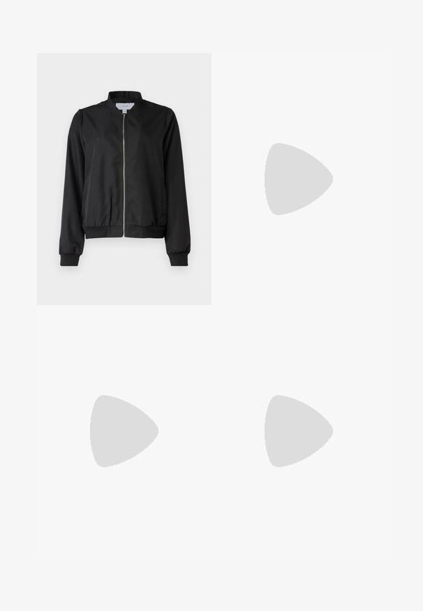 Black bomber jacket with a zip front, rounded collar, elastic cuffs, and waistband. Made from smooth fabric with side pockets.; White ribbed tank top featuring a round neckline, sleeveless design, and a cropped length. Label reads "JJXX." Smooth fabric texture.; Black, wide-leg pants with an elastic waistband, made from smooth fabric. Features a clean design with no pockets or visible stitching details.; Black and gray suede sneaker with a large cream-colored "N" logo, purple laces, and a textured gum rubber outsole.