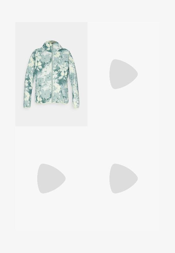 Helly Hansen GRAPHIC RAIN JACKET - Ūdensnecaurlaidīga jaka - eucalyptus; Melnas garām piedurknēm T-krekls, izgatavots no kokvilnas ar apaļu kaklu. Tam ir mazs balts logo kreisajā krūtīs. Vienkāršs dizains un piegulums.; Melni nailona bikses ar noņemamām kājām, regulējamiem uzmavām, vairākām kabatām un logotipu uz labās kājas. Gluda, viegla tekstūra.; Beige un krēma sporta apavi ar strukturētu tīkla virsmu, atbalstošajiem slāņiem un gumijas zoli ar protektoru rakstu, kas nodrošina saķeri.