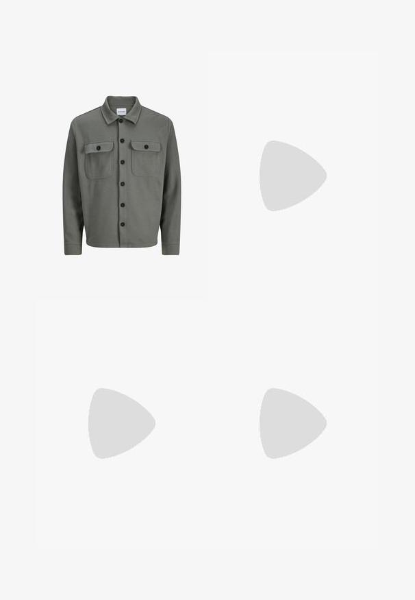 Gray, woven shirt jacket featuring a button-down front, two chest pockets with flaps, and a classic collar. Black buttons enhance contrast.; White cotton t-shirt with short sleeves, rounded neckline, relaxed fit, and no visible logos or patterns. Smooth texture and minimal design.; High-waisted, loose-fitting jeans in faded black denim. Features five pockets, belt loops, and a clean, straight leg design.; Gray and white sneaker with a suede and leather upper, rounded toe, flat laces, and a rubber sole featuring a gum accent.
