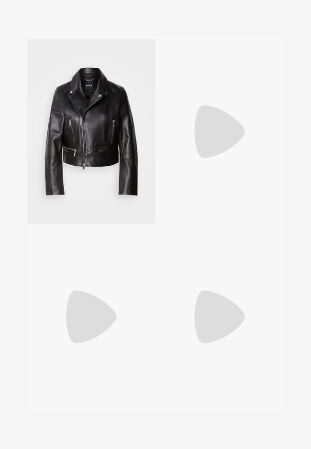 Black leather biker jacket with a collar, zippered front, and multiple pockets. Stylish, modern design suitable for casual wear.; Black long-sleeve bodysuit with a high neck and subtle texture. Features a back zipper and a thong bottom design.; Black trousers with a straight fit, featuring double pleats, a smooth texture, and a classic waistband design. No visible hardware or accents.; Black leather ankle boots with a block heel, featuring elastic side panels. Paired with black pants that have a white side stripe.