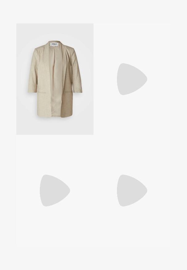 Beige, texturált anyagból készült nyitott blézer, két elülső zsebbel, laza fazonnal és sima bélésben. Gombok vagy zárás nélkül.; Fehér bordás ujjatlan top, kerek nyakkivágással és rövid hosszal. A címke szerint "JJXX". Sima szövettextúra.; Fekete, bővülő szárú nadrág, elasztikus derékkal, sima anyagból készült. Tiszta dizájn jellemzi, zsebek és látható varrási részletek nélkül.; Fekete és szürke velúr sportcipő nagy krémszínű "N" logóval, lila fűzőkkel és texturált gumi talppal.