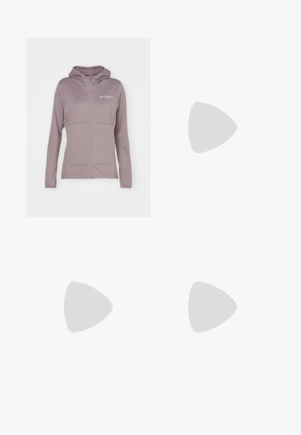 Adidas Terrex TERREX XPERIOR LIGHT FLEECE HOODED JACKET - Flísová bunda - preloved fig; The North Face SHADOW LONG SLEEVE - Top s dlhým rukávom - white dune; Čierne športové nohavice s hladkým materiálom, so priliehavým strihom, so zipsovými vreckami a textúrovanou dolnou časťou nohavíc. Logo vytlačené na prednej strane.; Čierne športové tenisky s textúrovaným syntetickým zvrškom, šnurovaním, hrubou gumovou podrážkou a diskrétnymi logovými akcentmi na boku a päte.