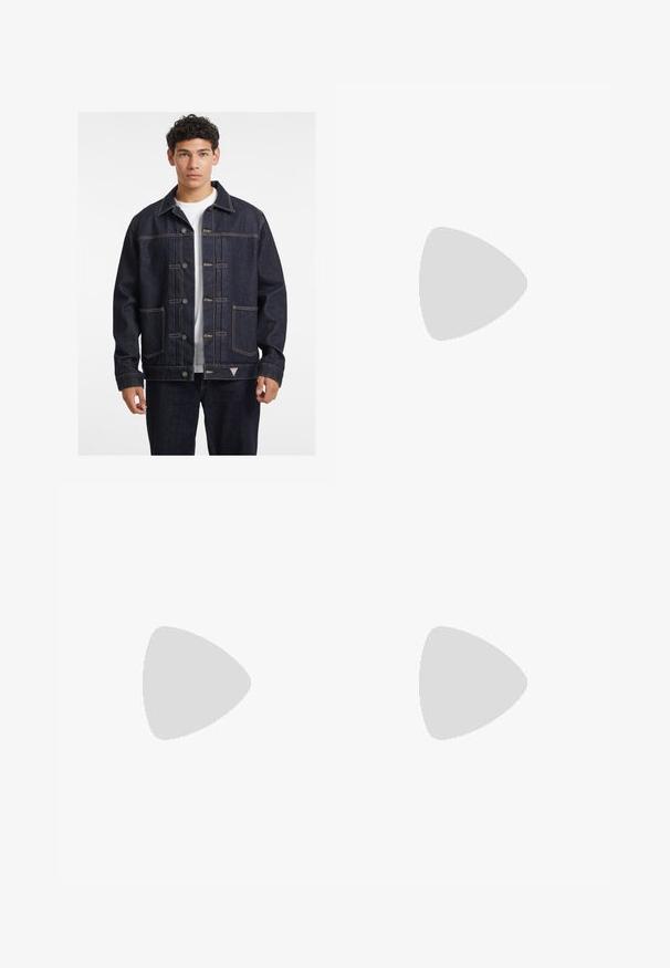 Dark blue denim jacket with a buttoned front, two chest pockets, and contrasting yellow stitching. Features a classic collar and relaxed fit.; Black short-sleeve T-shirt made from a smooth cotton blend, featuring a crew neckline and a minimalistic design with no patterns or accents.; Beige trousers made of smooth fabric, featuring a straight fit, single pleat, and rolled cuffs. Includes a front button closure.; Black low-top leather sneaker with black laces and off-white sole shown in side profile on white background.