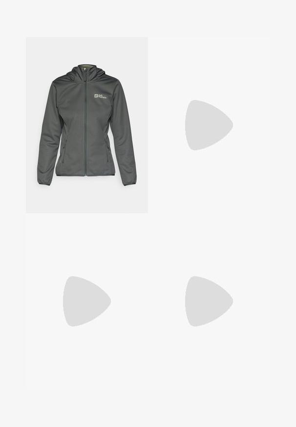 Grijze softshell jas met een capuchon, een rits aan de voorkant en zijzakken. Bevat een logo op de bovenste linkerzijde en een lichte elastische afwerking bij de manchetten.; Zwart langsluiting T-shirt van katoen met een ronde hals. Heeft een klein wit logo op de linkerkant van de borst. Eenvoudig ontwerp en pasvorm.; Zwarte nylon cargo broek met afneembare pijpen, verstelbare manchetten, meerdere zakken en een logo op het rechterbeen. Gladde, lichte textuur.; Beige en crème sportschoen met een textuur-mesh bovenwerk, ondersteunende overlays en een rubberen zool met een profielpatroon voor grip.