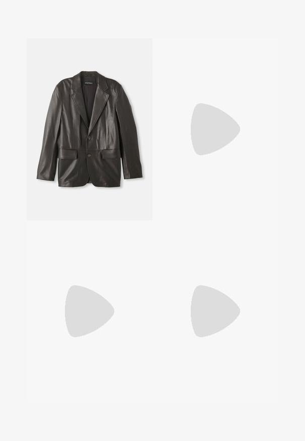 Black leather blazer with notch lapels, two buttons, and flap pockets, laid flat against a white background.; Black cotton T-shirt featuring a round neckline, short sleeves, and "EMPORIO ARMANI" logo in white above "Milano" in a curved design.; Black slim-fit pants made of smooth fabric, featuring a classic five-pocket design, button closure, and subtle stitching details.; Brown leather ankle boot with a textured finish, featuring a rounded toe, minimal stitching, and a low black rubber sole with a pull tab.