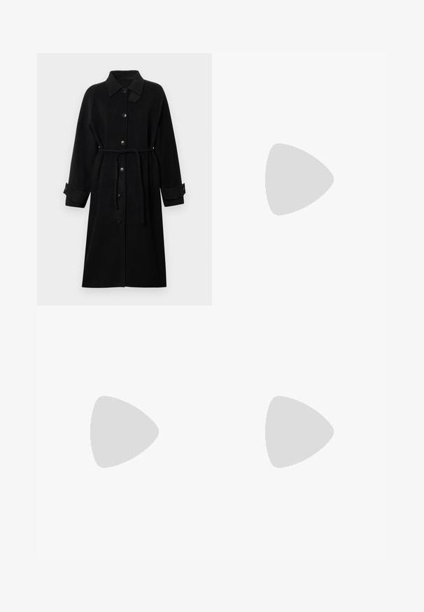 Black coat with a collar, button front closure, belted waist, long sleeves, and rolled cuffs, made from a textured fabric.; White short-sleeve knit top with a round neckline, featuring a smooth texture and subtle ribbed accents at sleeves and hem.; Black trousers made from smooth fabric featuring a high waist, wide legs, front pleats, and classic belt loops. No side pockets visible.; Black leather ankle boot with a pointed toe and a sleek design. Features a low heel and a zipper closure at the back. Smooth texture.