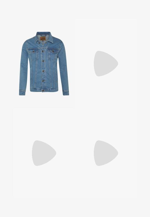 Denim Project KASH JACKET - Denim jacket - blue; Jack & Jones JORTROPIC TEE CREW NECK  - Print T-shirt - snow white; Jack & Jones IEDDIE WORKER - Loose Jeans - winter twig; Jack & Jones JFWASPIRE RUNNER - Trainers - white/black/grey