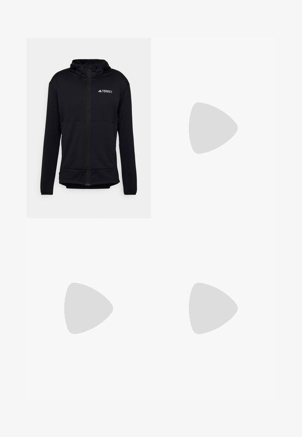 Felpa nera Terrex con zip completa, maniche lunghe e cappuccio regolabile. Realizzata in tessuto testurizzato e leggero, con logo sul petto.; Maglietta atletica a maniche corte di colore bianco, realizzata in materiale traspirante, con un logo arancione "TERREX" sul petto. Design semplice con linee pulite.; Pantaloni sportivi neri con vita elasticizzata, due tasche laterali con zip e un logo sulla parte superiore della gamba destra. Tessuto liscio e leggero.; Scarpa sportiva nera con tomaia in mesh testurizzato, punta rinforzata, accenti grigi, chiusura con lacci e suola in gomma resistente.