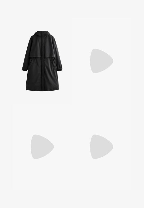 Črn nepremočljiv plašč s kapuco, dolgimi rokavi, elastičnimi manšeti, stranskimi žepi in ohlapnim krojem. Gladka tekstura z minimalnim dizajnom.; Svetlo siva majica s visokim ovratnikom, koja sadrži polu-zip i rebrastu teksturu. Kutni kroj s spuštenim ramenima i strukturiranim dizajnom.; Črne legice iz gladkega, raztegljivega blaga. Imajo širok pas in zožen dizajn nog, primeren za aktivno ali vsakodnevno nošenje.; Bež atletski čevelj z zgornjim delom iz teksturirane mrežice in gladkimi poudarki. Ima oblazinjen podplat, ojačan prstni del in črni gumijasti podplat.