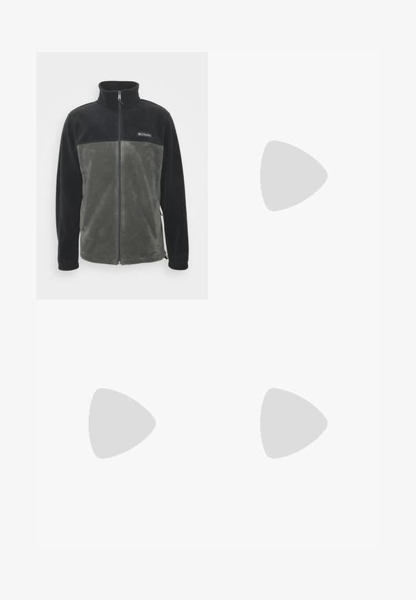 Fleece striukė su juoda viršutine dalimi ir alyvmedžių žalia apatine dalimi. Savybės: užtrauktukas per visą ilgį ir išsikišusi apykaklė. Minkšta tekstūra.; Juodas trumpas rankovės marškinėliai, pagaminti iš medvilnės, su apvaliu kaklu ir mažu baltu logotipu viršutiniame kairiajame krūtinės kampe.; The North Face HORIZON PANT - Lauko kelnės - black; Juoda bėgimo batai su tekstūruotu paviršiumi, guma padais ir sustiprinta pirštų dalimi. Yra paminkštinta apykaklė ir kilpos, leidžiančios lengvai užsidėti.