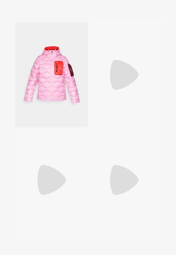 Puff jacket in light pink with a hood, featuring a textured quilted design, a red chest pocket, and a maroon left sleeve pocket.; Black long-sleeve t-shirt made of cotton with a round neck. Features a small white logo on the left chest area. Simple design and fit.; Black, fitted pants made from a flexible material. Features include a zippered side pocket, articulated knees, and a smooth texture.; Black hiking boot with a mid-top design, featuring a textured upper, gray accents, and durable rubber sole with traction lugs.