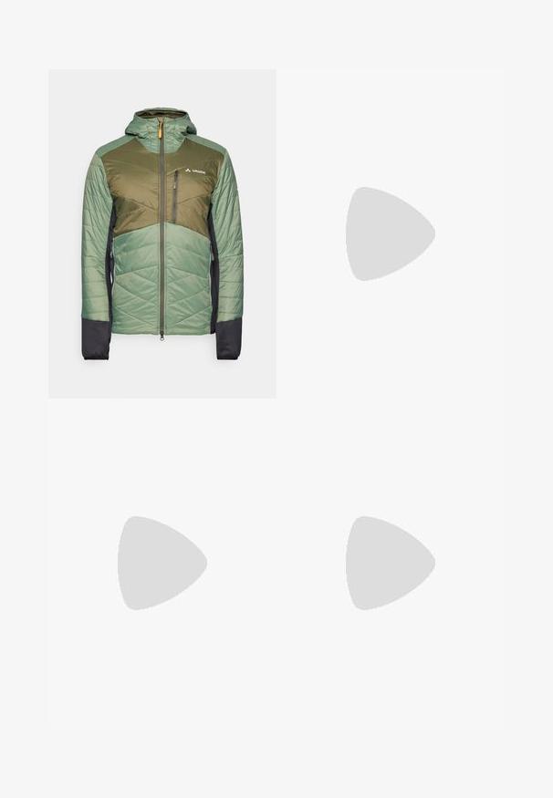 Vaude SESVENNA JACKET IV - Casaco para exterior - agave; T-shirt atlético cinza de manga curta, feito de um tecido suave e leve. Apresenta um logo branco na área do peito esquerdo. Design de gola redonda.; Calças atléticas pretas feitas de tecido leve, com um cós ajustável por cordão, bolsos laterais e punhos afunilados nos tornozelos.; Ténis atlético branco com marcação laranja proeminente "TERREX". Apresenta parte superior texturizada, design leve e sola de borracha com saliências para tração.