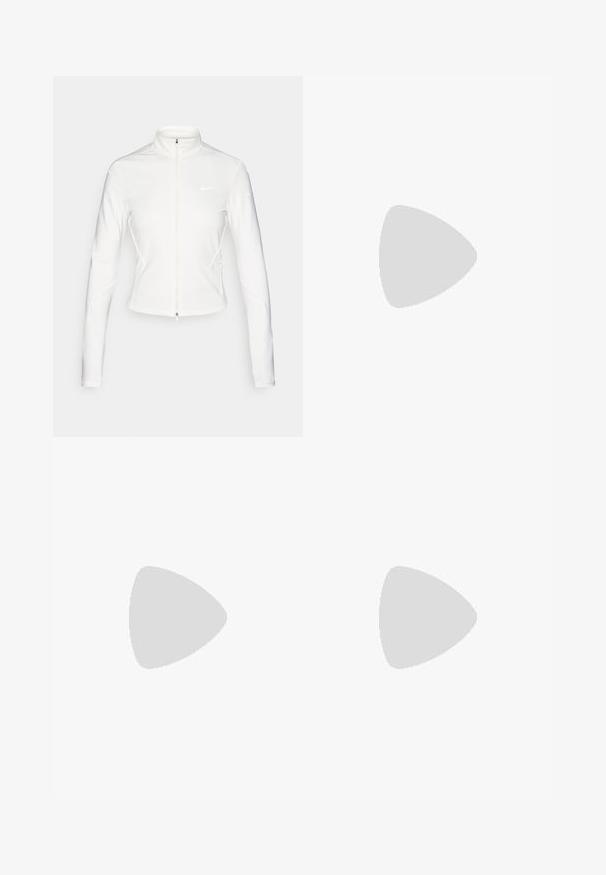 White zip-up jacket made from smooth, stretchy fabric. Features long sleeves, high collar, and reflective logo accents on the chest and sleeves.; White sleeveless tank top made of lightweight fabric, featuring black Nike logo accents on shoulders, round neckline, and relaxed fit.; Nike running shorts in dark gray, featuring a wide elastic waistband, lightweight fabric, side pockets, and a subtle logo in white.; White athletic shoe with mesh upper, rounded toe, and textured sole. Features a silver Nike swoosh and minimalistic design.