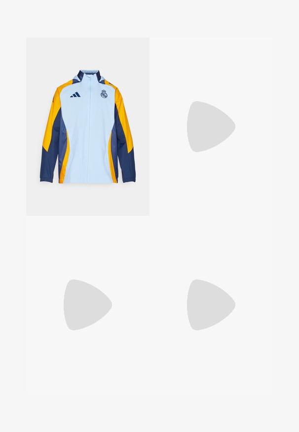 Svijetloplava jakna s patentnim zatvaračem, s žutim i tamnoplave naglascima, koja ima Adidas logo i grb Real Madrida na prsima. Lagana tkanina.; Mornarica dugih rukava sportska majica od teksturiranog materijala s V izrezom i bijelim Adidas logotipom na prsima. Jednostavan dizajn, prilagođen kroj.; Navy plave tajice za sport, izrađene od rastezljivog materijala, s svijetloplavim bočnim panelima i prilagođenim dizajnom sa uskim rubom oko gležnja.; Crne atletske cipele s teksturiranim mrežastim gornjim dijelom, bijelim naglasnim trakama, podstavljenim potplatom i ojačanim petom za podršku.