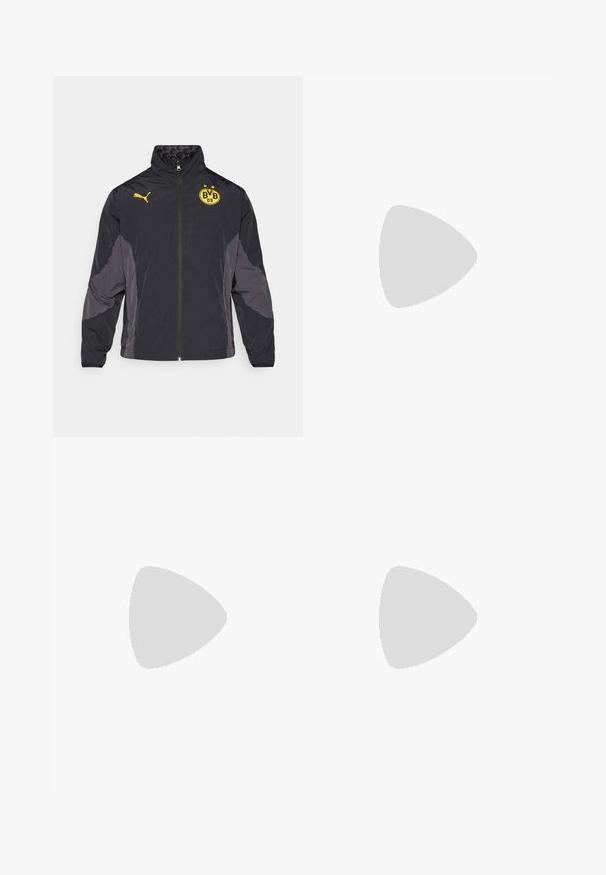 Zwarte jas met grijze accenten, hoge kraag, ritssluiting aan de voorkant en geel logo. Heeft een gladde textuur en lichtgewicht materiaal.; Lichtblauw voetbalshirt met korte mouwen en donkerblauwe accenten, met een gestructureerd patroon, ronde halslijn en logo's op de borst en mouwen.; Zwarte sportbroek van lichtgewicht stof. Voorzien van een elastische tailleband, zijzakken en grijze logo's aan elke zijde.; Zwarte voetbalschoenen met een gestructureerde synthetische bovenkant, zilveren accenten en een vetersluiting. Beschikt over een gemodelleerde zool met zichtbare noppen voor grip.
