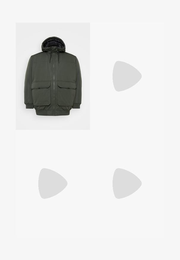 Jack & Jones JJCONSTRUCT  - Winter jacket - rosin; Black cotton t-shirt featuring a crew neckline, short sleeves, and small white logo text on the left chest. Simple design, classic fit.; Black cargo pants made of sturdy fabric, featuring multiple pockets, a button closure, and a slim fit design with tapered legs.; Leather sneakers with a black and cream color scheme, featuring perforated accents, a padded collar, and a textured outsole.