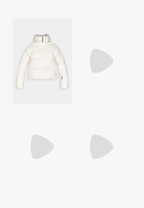 White puffer jacket with a high collar, zip front, and elastic cuffs. Features a stitched design and side pockets. Soft, textured fabric.; Black cotton t-shirt featuring a crew neckline and short sleeves. Notable white logo on the upper left side. Smooth texture, casual fit.; Black nylon zip-off cargo trousers with adjustable cuffs, multiple pockets, and a logo on the right leg. Smooth, lightweight texture.; Black hiking shoes with a textured fabric upper, lacing system, and rugged rubber sole. Accented with reflective details and logos.