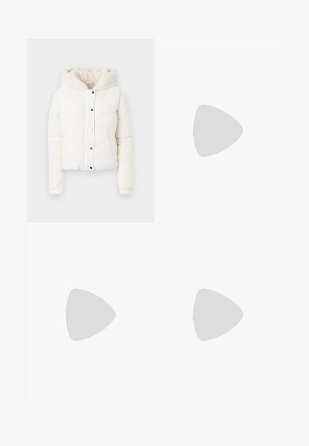 White puffer jacket featuring a faux fur-lined hood, snap-button closure, side pockets, and vertical quilted pattern for insulation.; White sleeveless tank top made of ribbed fabric, featuring a rounded neckline and a fitted silhouette, with minimal seams and no embellishments.; Light blue flared jeans made of denim, featuring a high waist, five-pocket design, and subtle gradient fading towards the hem.; Brown leather cowboy boots with pointed toe and block heel, featuring detailed stitching and raised accents on the shaft.; Cat-eye sunglasses with a black and orange tortoiseshell frame, brown lenses, and sleek, pointed tips. Features a minimal logo on the temple.; Black leather clutch bag with a flap and a gold metal buckle detail. Includes a black strap and a sleek, minimalist design.; Silver hoop earrings with a twisted design, featuring a polished finish and post-back closure. Measure approximately 3 cm in diameter.