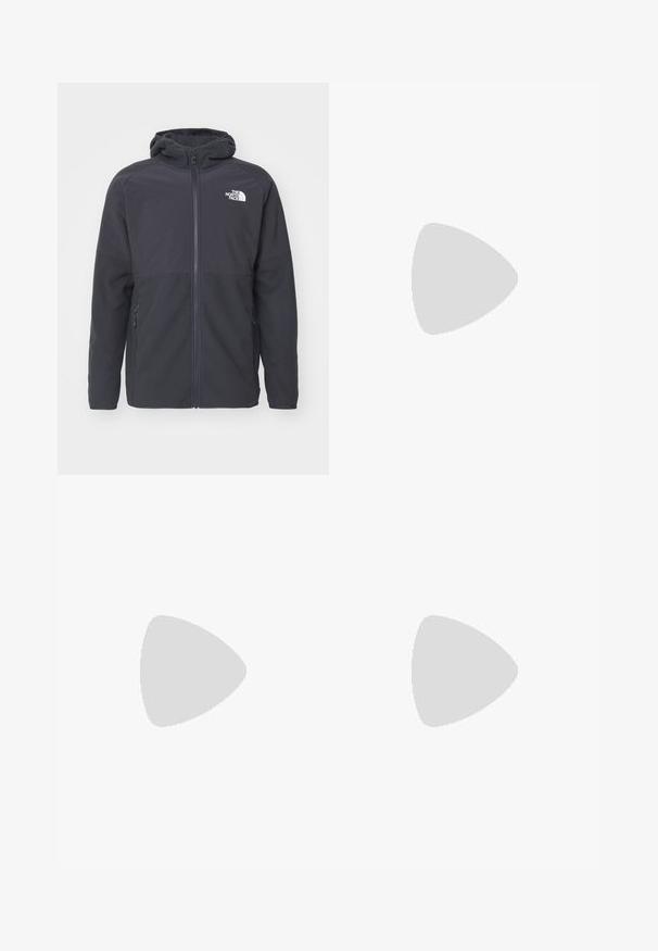 Svart hettejakke med glidelås i lett stoff med en jevn tekstur. Har sidelommer og en logo på brystet.; Hvit t-skjorte laget av bomull med en marineblå og olivengrønn "LACOSTE SPORTSWEAR" logo trykket på brystet i et buet design.; Grønne mønstrede treningsbukser med elastisk midjebånd, smale ben og geometrisk design gjennom hele. Laget av lett materiale.; Hvite skinnsko med en glat overflate, rund tå, flate lisser og teksturert såle. Grå semsket innfelt ved hælen.