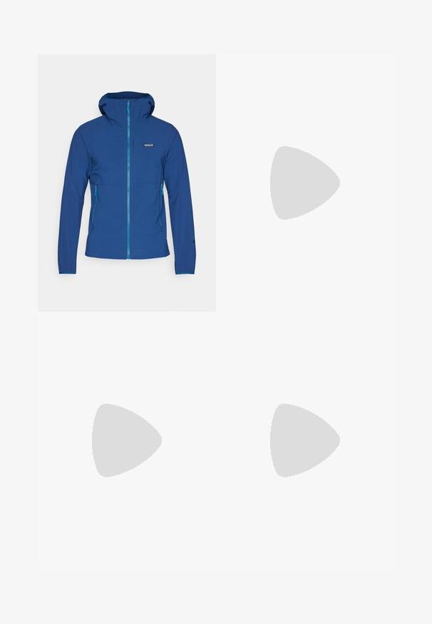 Patagonia HOODY - Outdoorjas - tidepool blue; Grijze T-shirt met korte mouwen, gemaakt van zachte, gestructureerde stof, met een klein blauw Patagonia-logo op de linkerkant van de borst. Geen extra patronen.; Donkergrijze broek van duurzaam materiaal, met een ritssluiting zak, rechte snit en lussen voor een verstelbare pasvorm.; Bruine waterdichte sneakers met een gestructureerde bovenkant, geperforeerde accenten, zwarte hielsteun en een grijze rubberen zool. De veters zijn voorzien van metalen uiteinden.