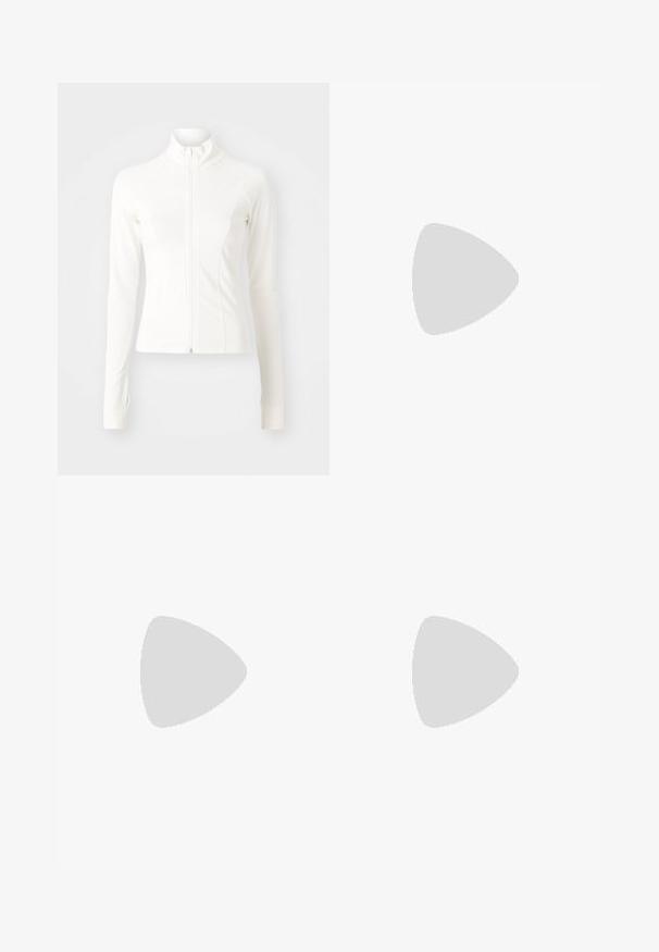 Valge tõmblukuga jakk pika varrukaga, valmistatud siledast ja venivast kangast. Omab kõrget kaelust ja peale istuvat disaini raglan varrukatega.; Must värviline pika varrukaga top, mis on valmistatud siledast kangast, laeva kaeluse, lühikese pikkuse ja külgdetailiga, kus on hõbedased nupud.; Mustast, põrandani ulatuvast satiinirest, millel on sile tekstuur, sobituv vöökoht ja A-tähe siluett, ilma nähtavate kaunistuste või mustriteta.; Must mustusjalats, millel on võrkmaterjalist ülemine osa ja läikivad kattekihtide detailid. Omab kaardus spiraallöögi pehmendust ning tekstuuriga jooni küljel. Nähtav Nike logo.