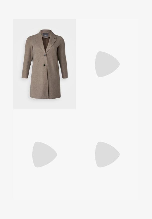 Manteau en laine marron avec un col cranté, fermeture à un bouton et poches latérales. Présente une texture lisse et une coupe ajustée.; Trois hauts à manches longues empilés : noir, gris et blanc. Chacun a un col rond et un design court avec un tissu lisse et léger.; Pantalons évasés noirs en tissu extensible, dotés d'une taille haute et de jambières évasées avec des fentes latérales pour plus de liberté de mouvement.; Baskets en suède gris avec des lacets blancs, des rayures noires et une semelle en caoutchouc blanc. Présentent un logo circulaire sur la languette et une semelle en gomme.