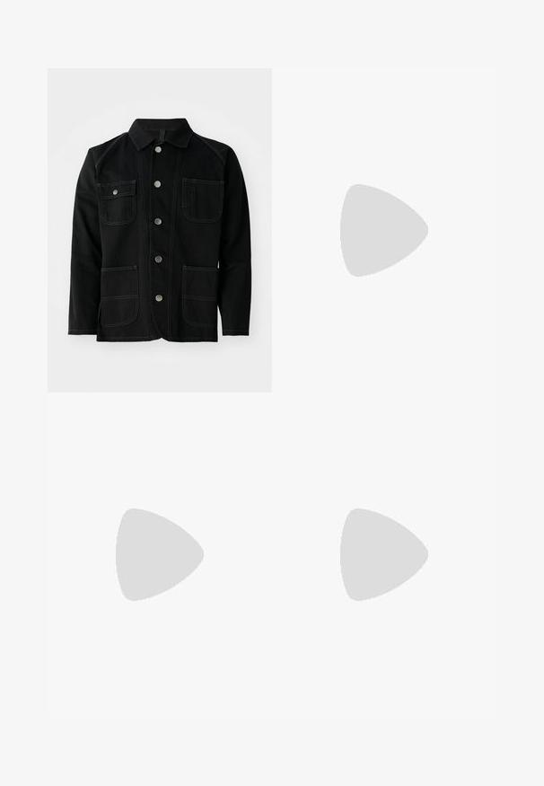 Black cotton jacket featuring a classic collar, five front snap buttons, two large patch pockets, contrasting stitching, and long sleeves.; White short-sleeve t-shirt made of soft fabric. Features a classic crew neckline and a straight cut, with no visible patterns or accents.; Navy blue trousers made of fabric, featuring a straight leg design, belt loops, and a clean finish at the hem. No visible patterns or accents.; Light cream sneaker with black three-stripe design, textured upper, round toe, and gum sole. Features laces and branding on side.