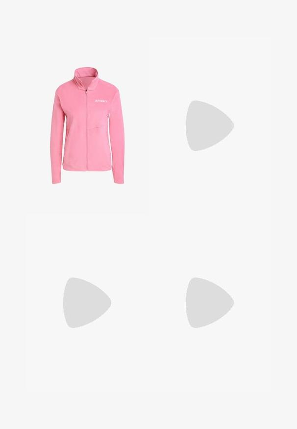 Giacca in fleece rosa con colletto alto, zip completamente aperta, tasca laterale e logo "TERREX" bianco sul petto. Texture morbida, design lineare.; Crop top sportivo nero realizzato in tessuto traspirante, con collo rotondo, senza maniche e logo bianco sul petto.; adidas Performance Leggings - black; Scarpe sportive nere con tomaia in rete, forma aerodinamica, suola piatta e tre strisce diagonali sui lati. Design leggero per il massimo comfort.