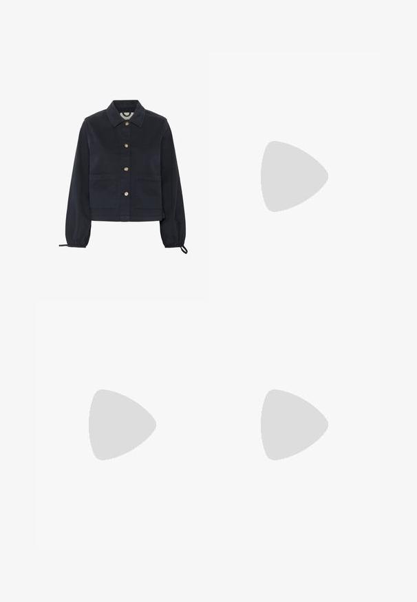 Navy blue cotton jacket with a collar, front button closure, and elasticized sleeves. Features two front pockets and a cropped design.; Black ribbed long-sleeve fitted sweater with a round neckline, displayed against a plain light background.; Black pleated trousers with an elastic waistband. Features wide legs and a smooth, textured fabric with vertical stripes.; Black ankle boots made of smooth leather, featuring a side zipper, chunky textured heel, and rounded toe design.; Black leather tote bag with smooth texture, rectangular shape, and two long handles. No visible hardware or embellishments.
